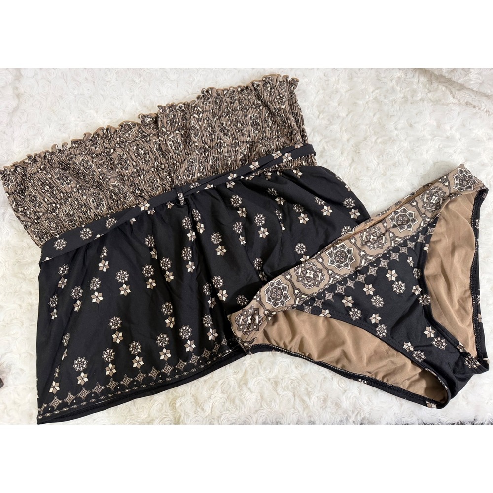 Juicy Couture Beach Royalty Smocked Bandeau Black Tan Large Tankini Bikini Set